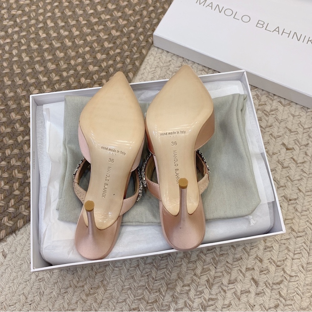 Manolo Blahnik Blush Pink Satin Pointed Crystal-Embellished Mule - Picture 8 of 8